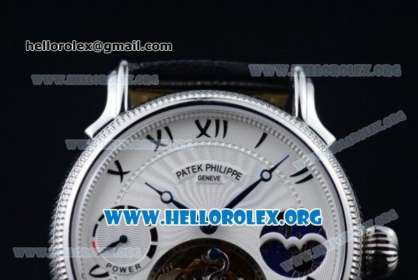 Patek Philippe Grand Complication Swiss Tourbillon Manual Winding Steel Case with White Dial Roman Numeral Markers and Black Leather Strap - Click Image to Close
